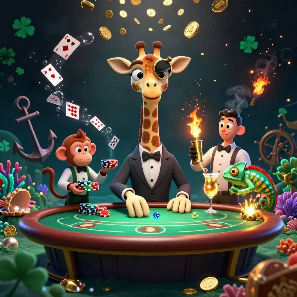 Jerapah high-roller, monyet valet, dan bunglon bartender di harta karun bawah laut.