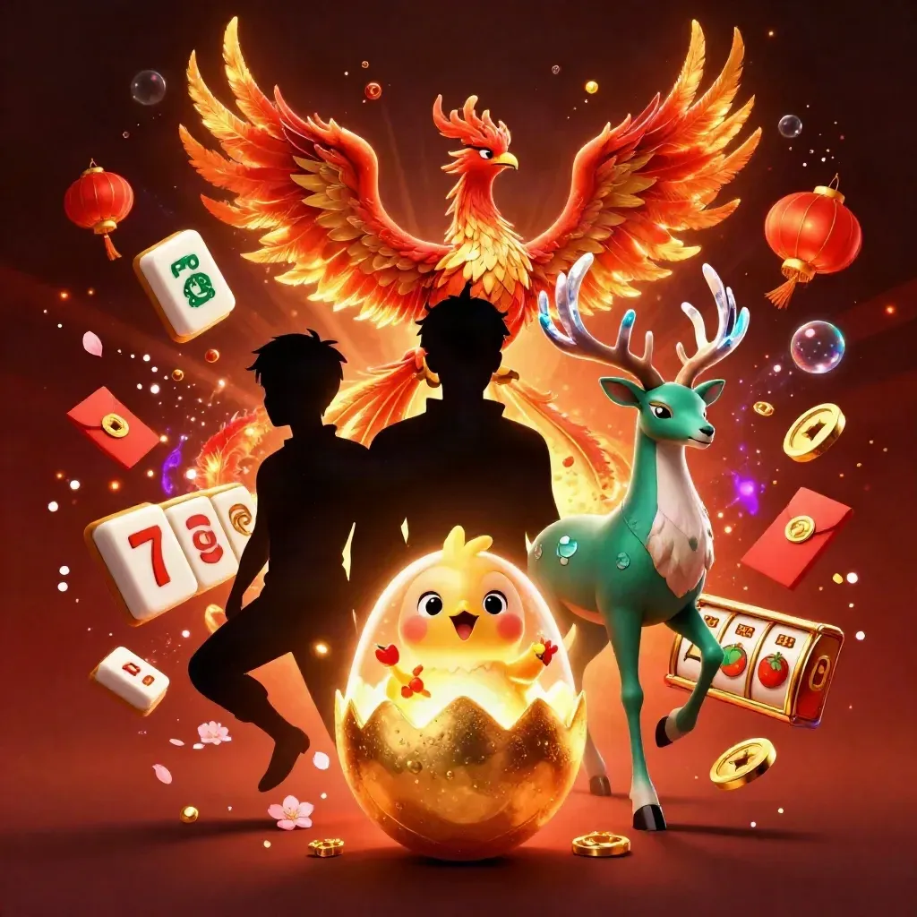 Burung phoenix, anak phoenix, dan rusa kristal dikelilingi simbol kasino emas dan lampion