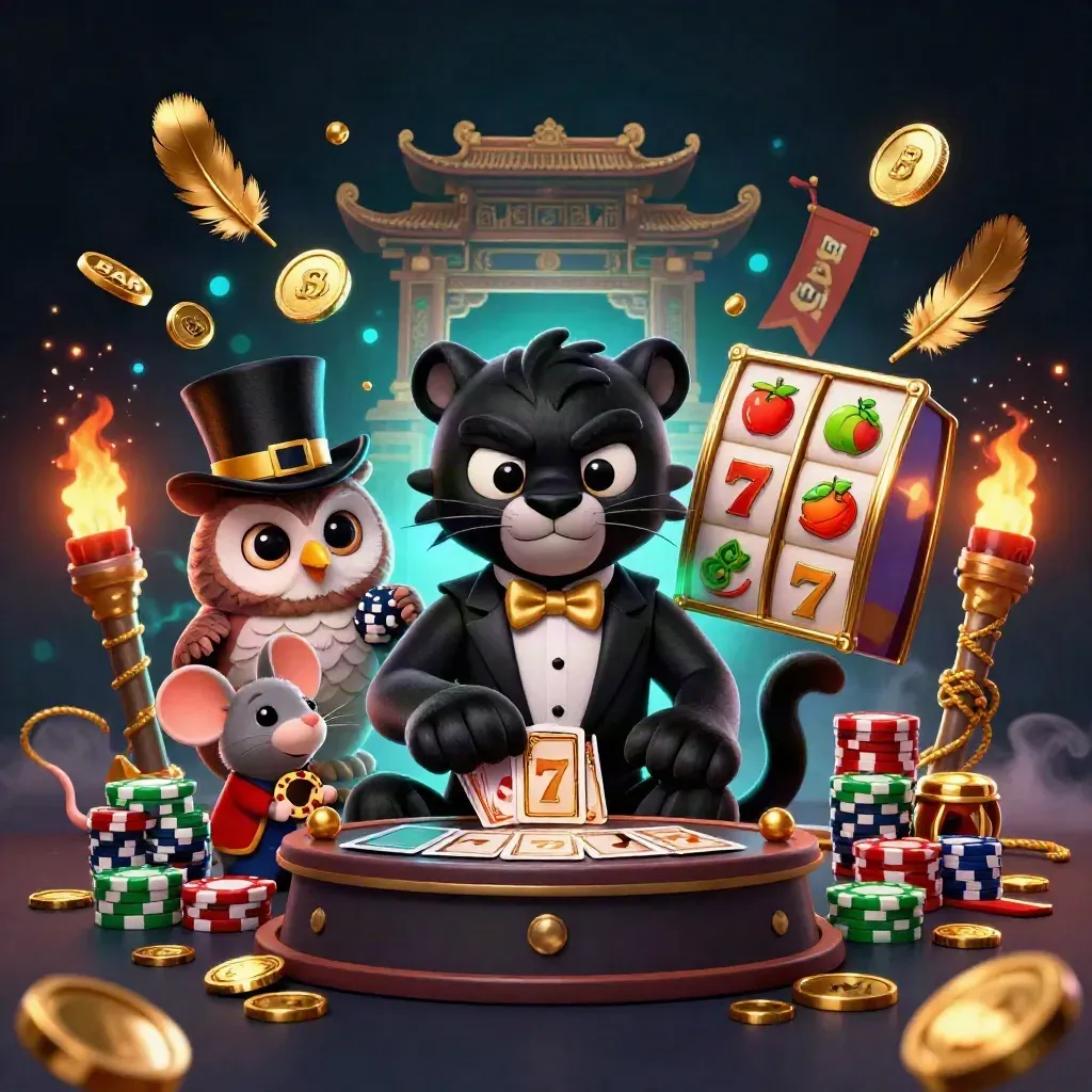 Panther tuxedo, burung hantu, dan tikus di kasino fantasi dengan kilau emas.