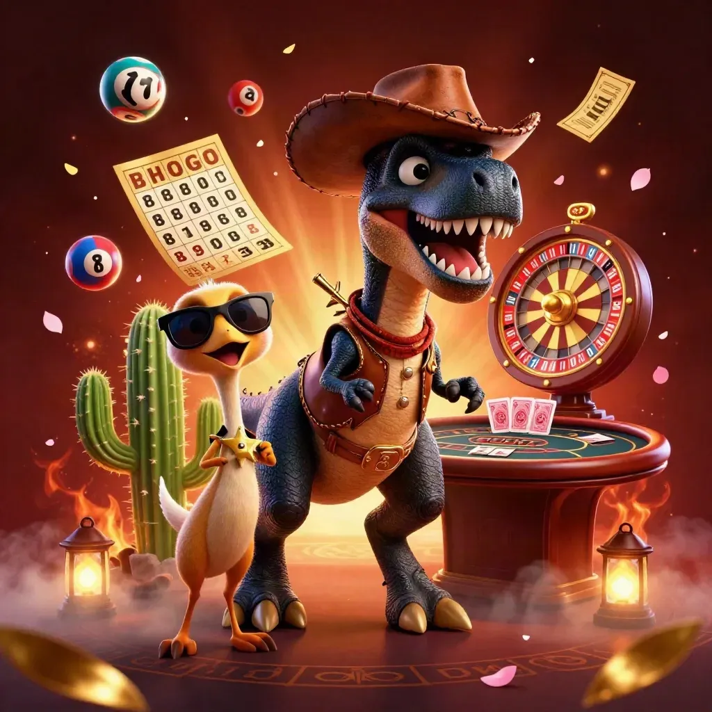 T-Rex koboi, kaktus, dan roadrunner di tengah bola lotre, roda hadiah, dan cahaya emas.