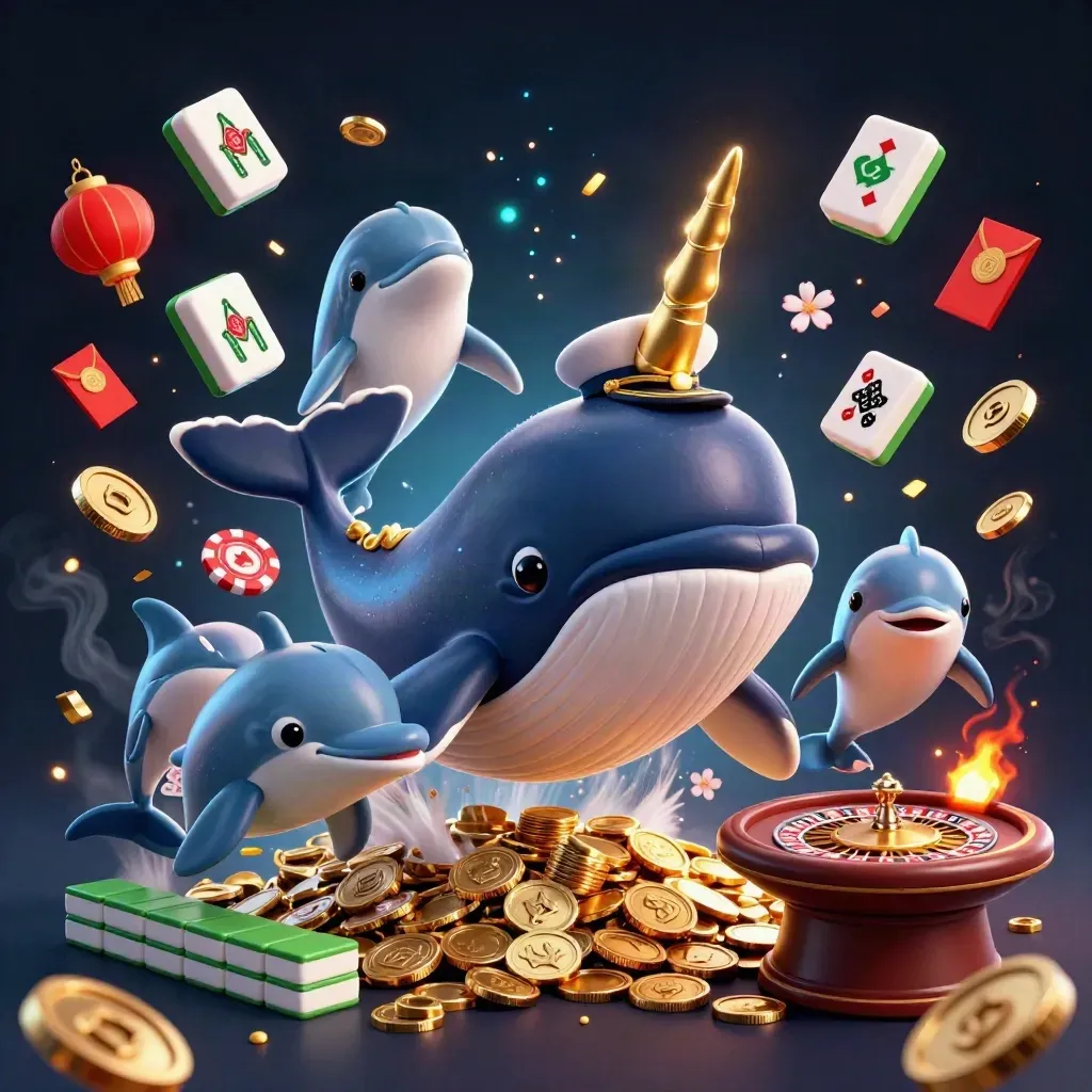Paus kartun raksasa, narwhal, dan lumba-lumba di lautan koin kasino mewah dengan efek neon.