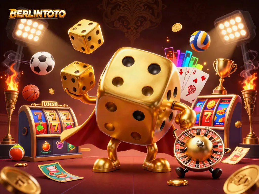 Engage with BERLINTOTO's vibrant casino scene featuring a golden dice golem and slot reels.