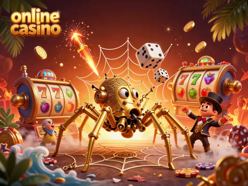 Experience a thrilling online casino scene with a steampunk spider and fly in a vibrant web of luck.