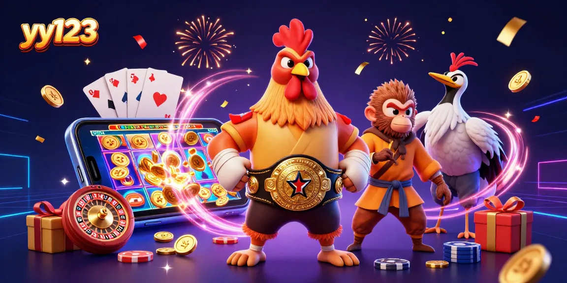 Experience the excitement of yy123 with a vibrant 3D illustration depicting diverse characters and casino gaming elements.