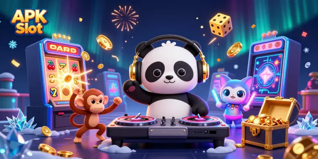 Spin to win with APK Slot's vibrant 3D illustration featuring a DJ panda, dancing monkey, and rave kitten!
