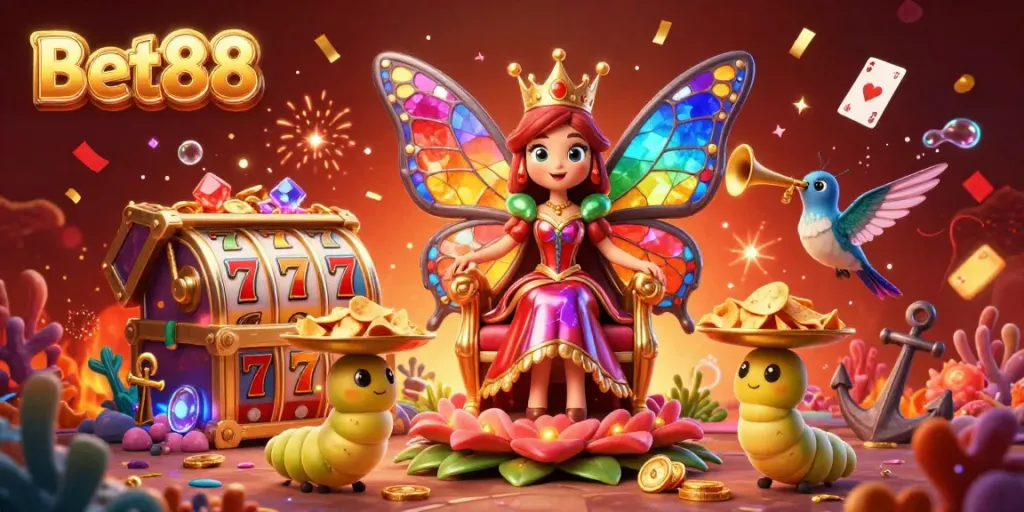Experience the vibrant world of Bet88 with a playful butterfly queen and slot treasures