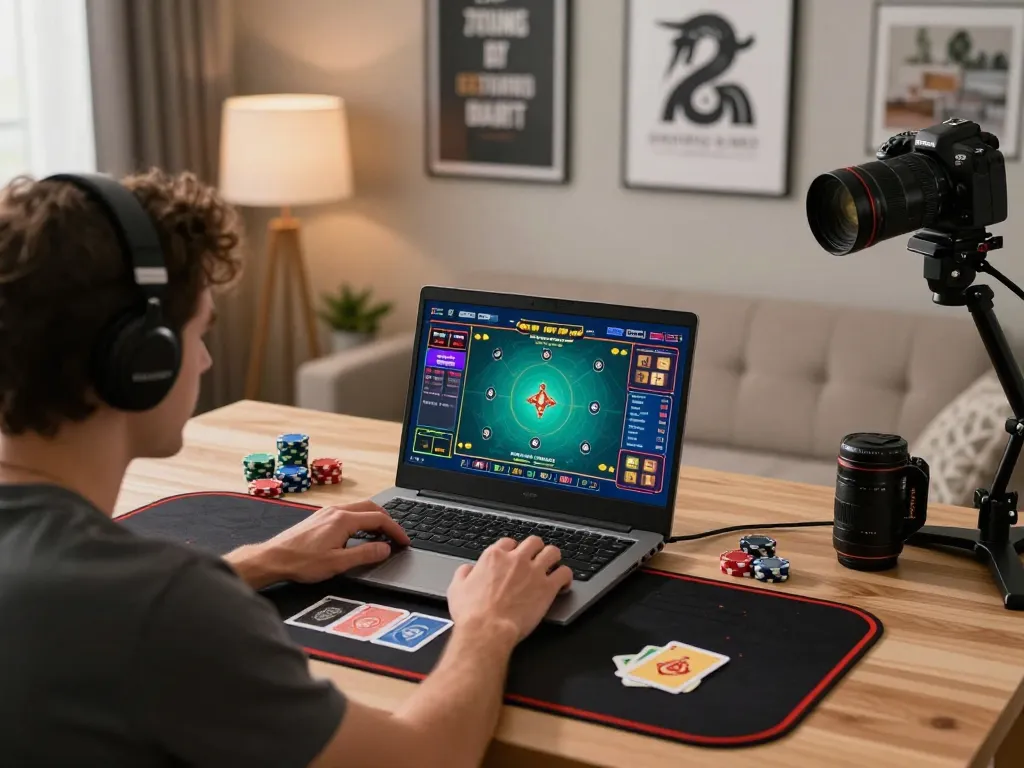 Agen Slot online enthusiast engaged in a focused poker game on laptop in a beautifully designed home office.
