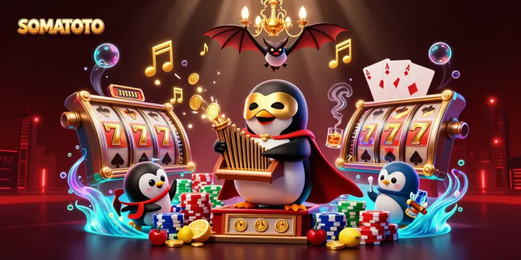 Experience the thrilling SOMATOTO casino scene with the phantom opera penguin and coins.