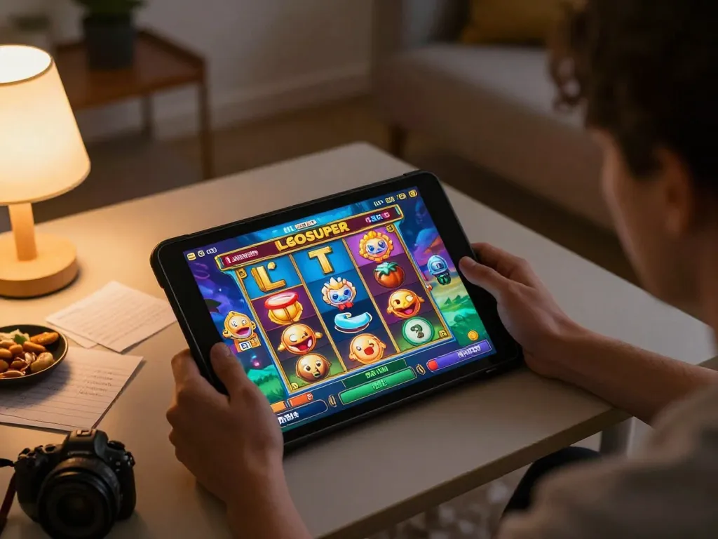 Engage in immersive LGOSUPER slot gaming experience from home, showcasing stylish setup and strategic relaxation.