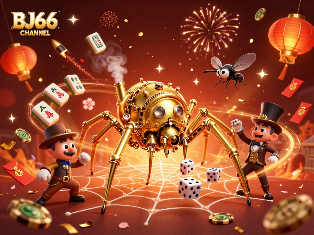 Engage with BJ66 CHANNEL's steampunk-themed 3D illustration capturing golden spider and amusing elements of gambling.