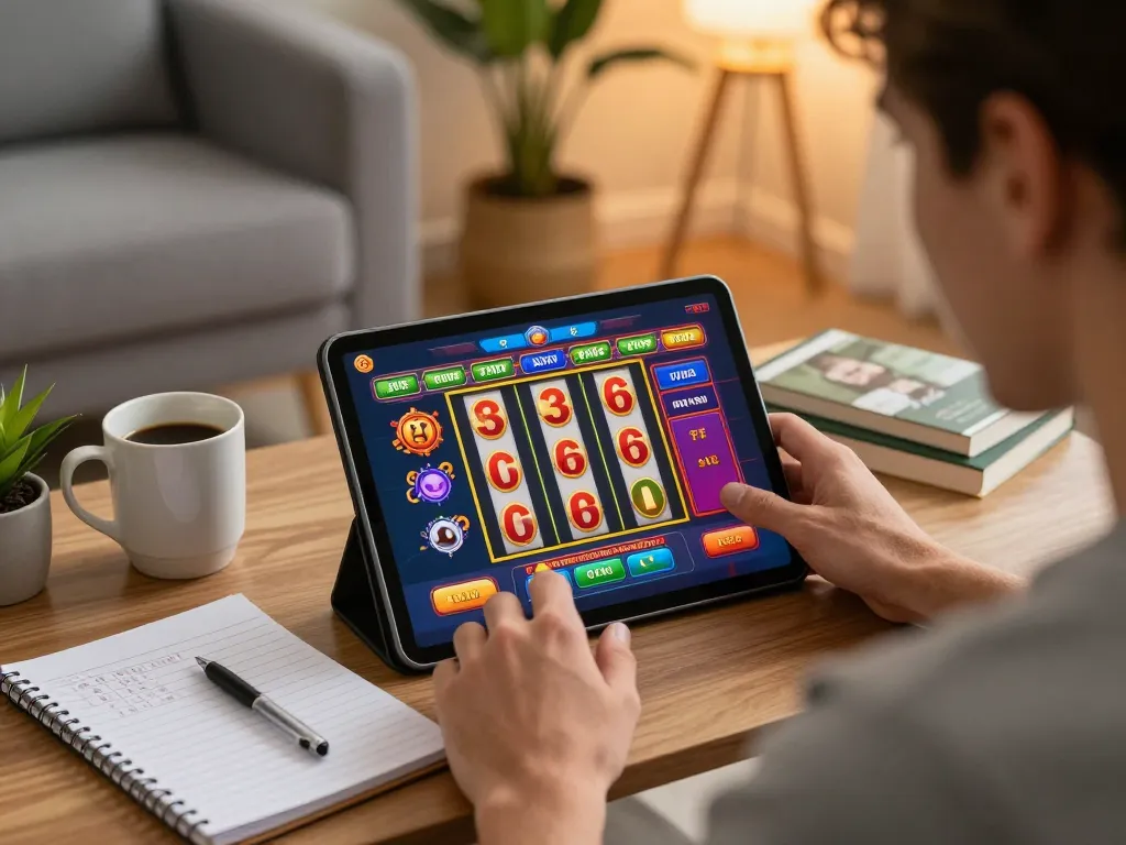 SATRIA123 player engaging with an online slot game on a tablet, cozy home setting.