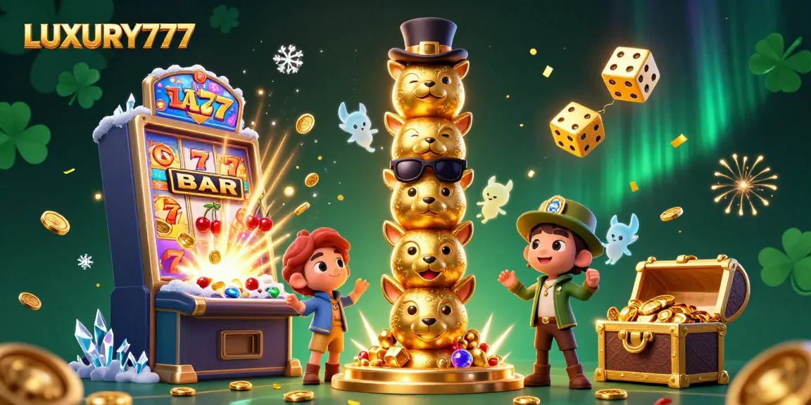Menangkan jackpot LUXURY777 dengan mesin slot berwarna-warni dan karakter menarik di latar belakang kasino.