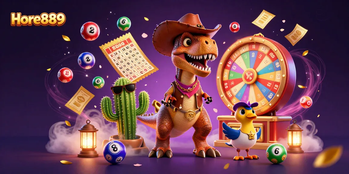 Hore889 showcases a festive casino scene with a T-Rex enjoying games like slots and bingo.