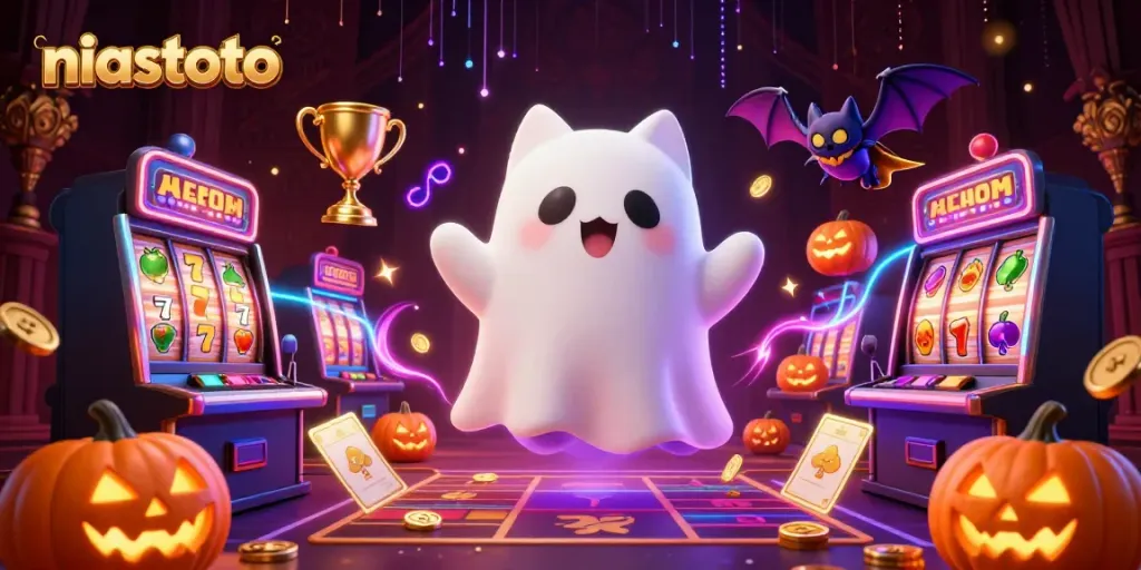 Engage with niastoto in a lively haunted casino scene featuring a ghost cat, vampire bat, and vibrant slot elements.