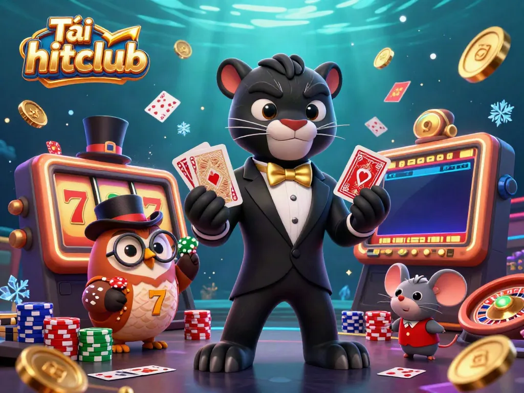Engaging scene showcasing a tuxedo-clad panther dealing cards in a vibrant casino atmosphere, highlighting Tải hitclub