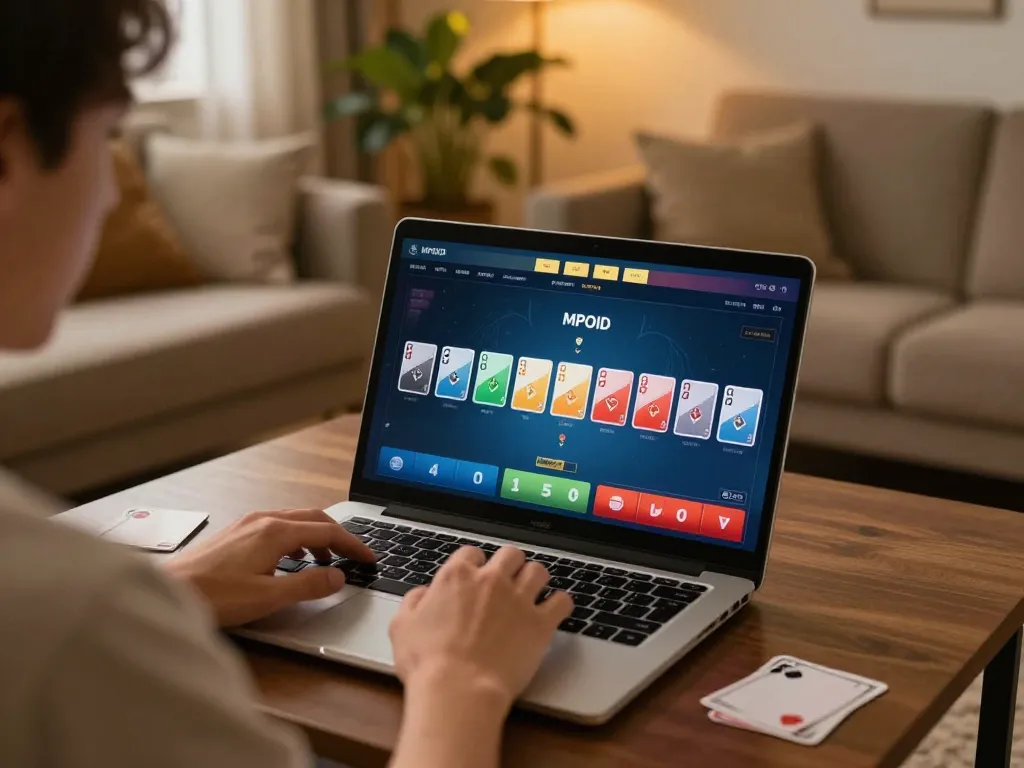 Player engaging with MPOID poker game on laptop in a cozy home setting.