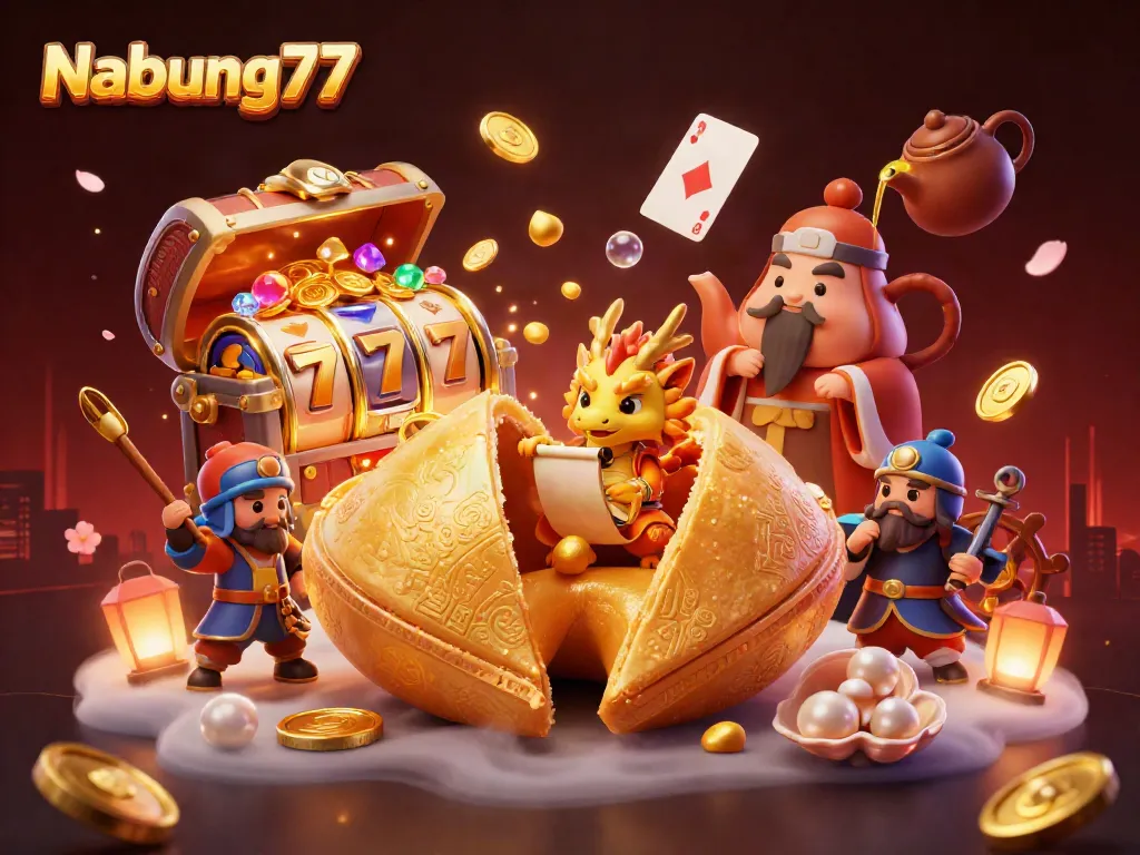 Nabung77 menghadirkan ilustrasi 3D menarik dengan kue keberuntungan emas, naga bijaksana, dan elemen permainan slot.