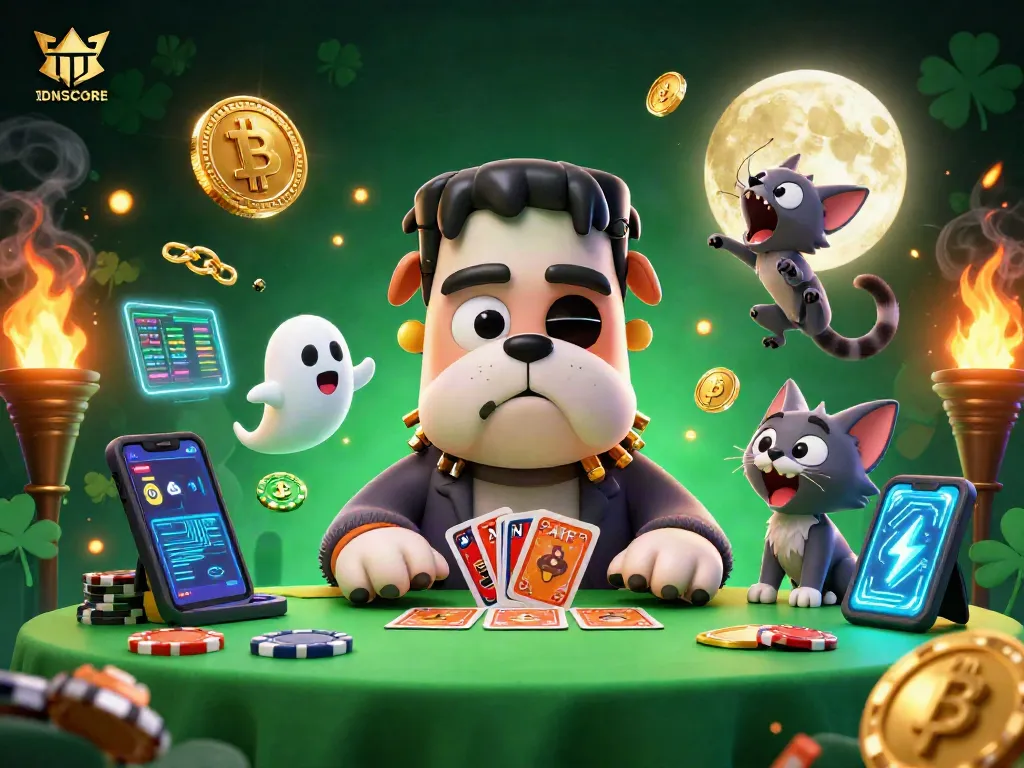 Engage with IDNSCORE at this lively casino scene featuring unique characters amidst dynamic gaming elements.