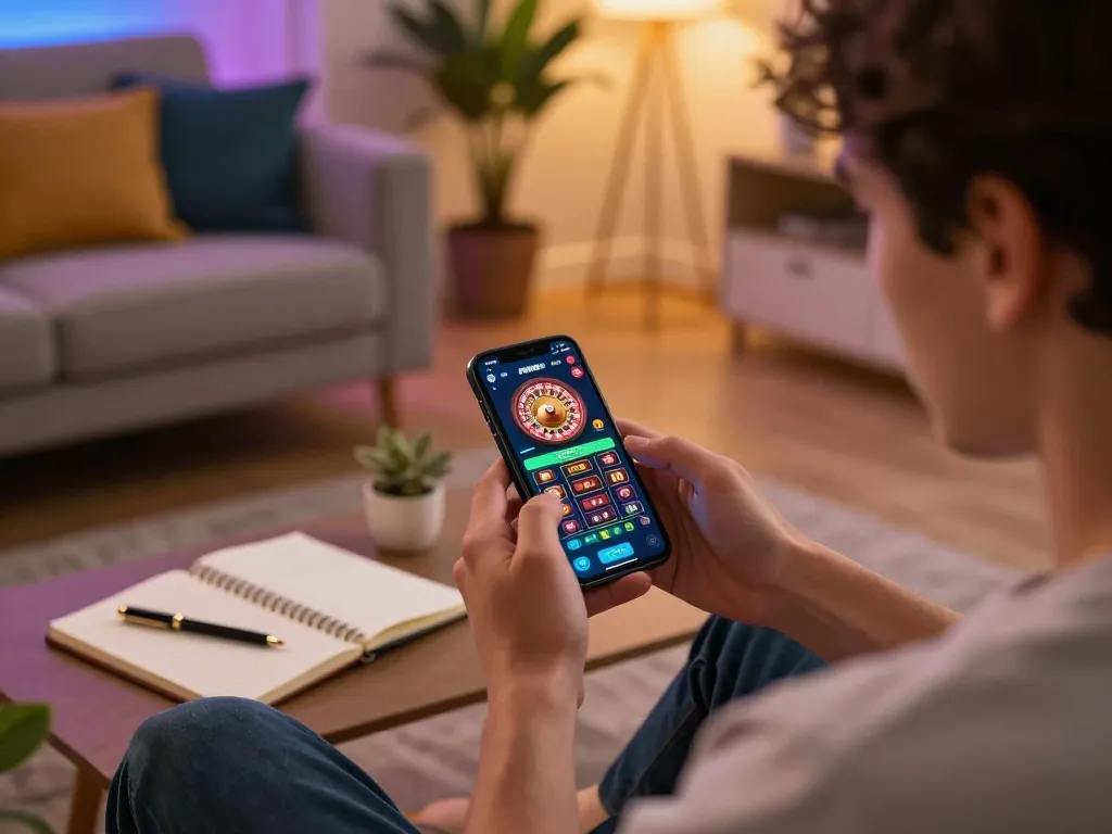 Player using the FB88 app on a smartphone to place bets dynamically in their stylish living room.