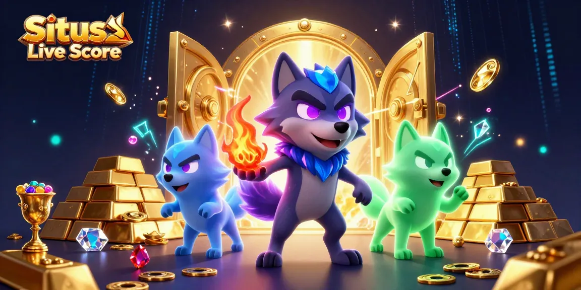 Situs Live Score showcases thrilling sports betting excitement with glowing wolf characters and treasure elements.