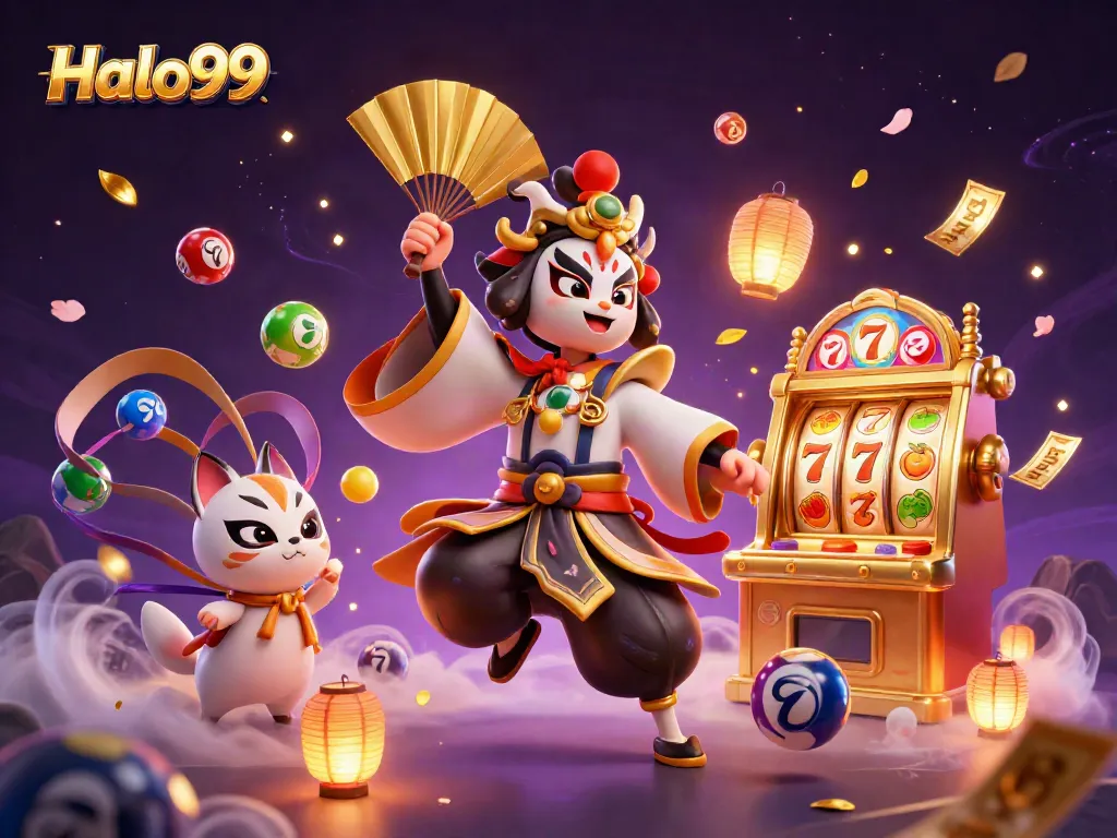 Win big at Halo99 with vibrant slot reels and animated lottery elements in a festive scene.
