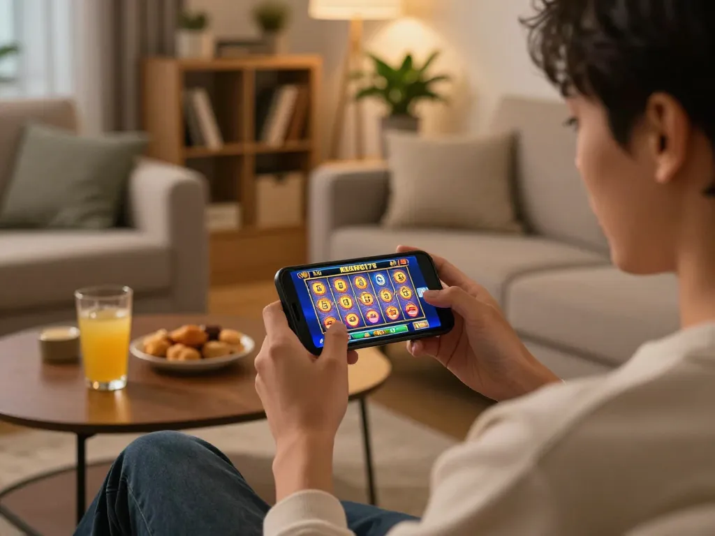 Player enjoying KEONG178 demo slots on smartphone in a cozy living room setting, promoting responsible gaming.