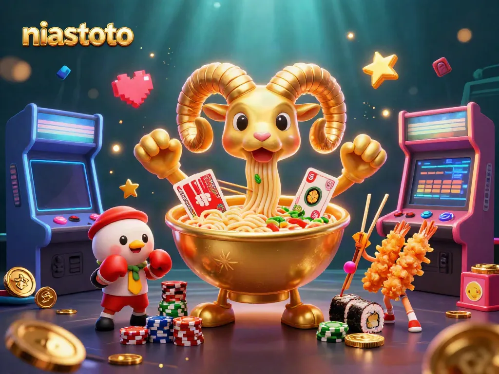 NIASTOTO showcases a vibrant casino scene with a giant ramen bowl character, playful sushi dealers, and gaming elements highlighting fun and excitement.