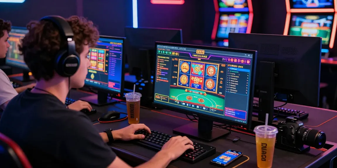Engaged player at a digital gambling interface featuring tempototo games, vibrant slot machine graphics, and gambling accessories.