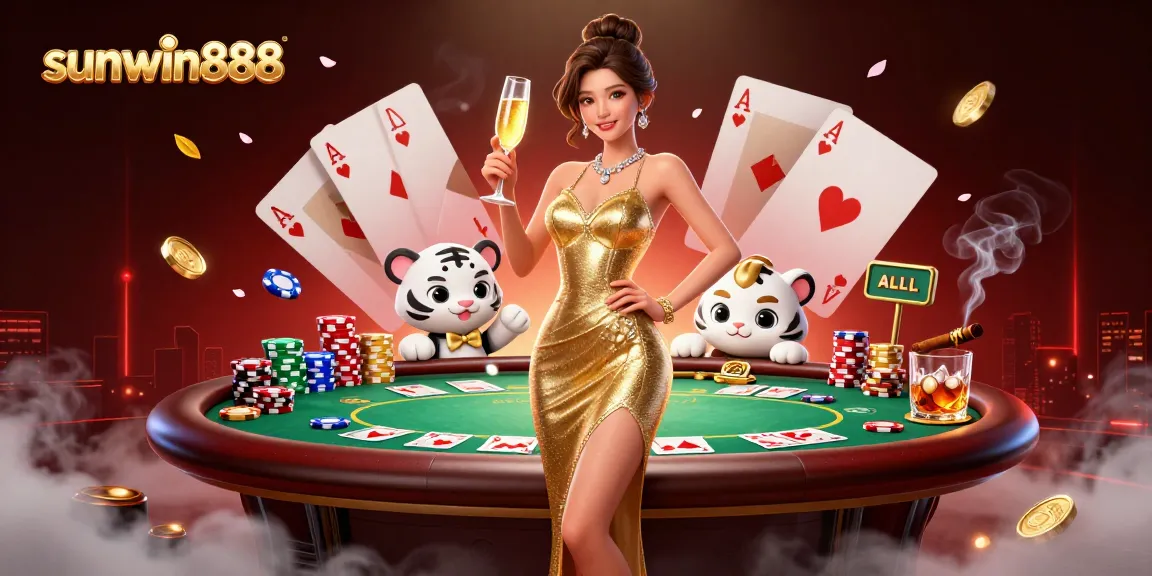 Experience the thrill of sunwin888 with a glamorous scene of poker excitement, featuring a lucky tiger cub.