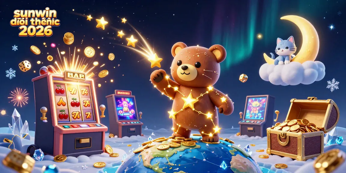 Experience sunwin đổi thưởng 2026 with a vibrant 3D cartoon scene featuring a constellation bear collecting coins, surrounded by gambling elements.