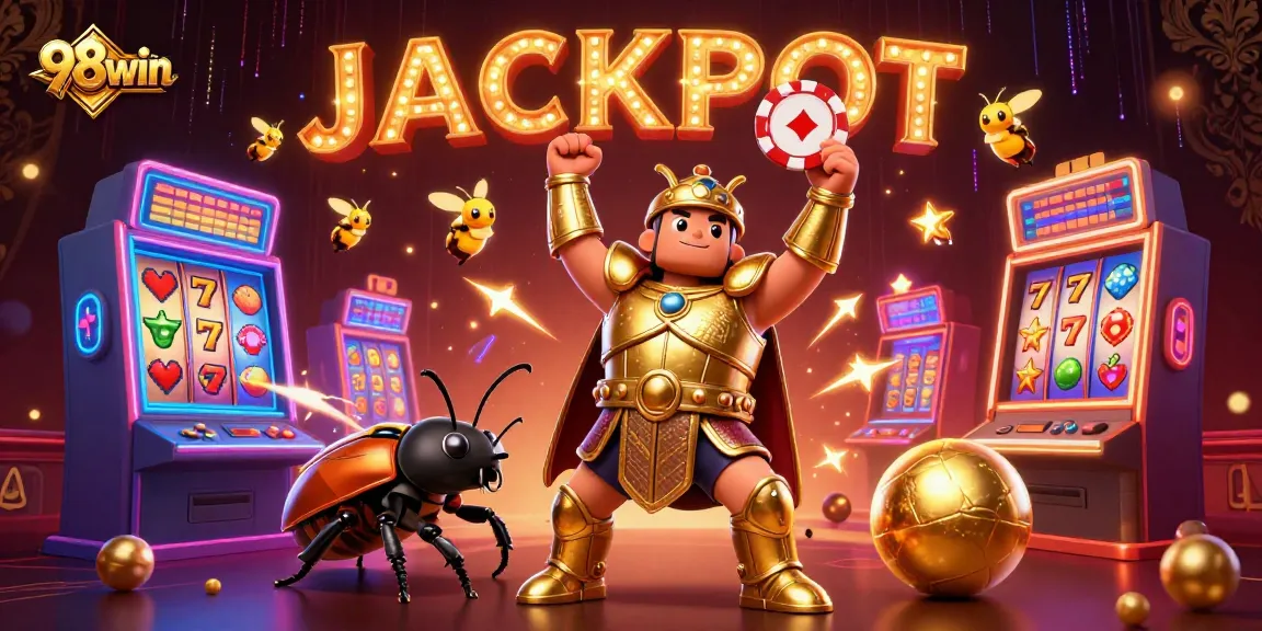 Experience thrilling slots at 98win with colorful 3D illustrations and lively characters in a vibrant casino setting.
