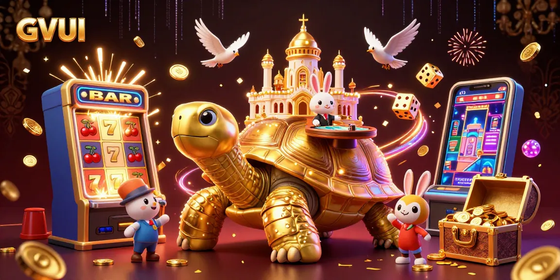 Experience the excitement of GVUI with a thrilling casino scene featuring a golden tortoise and vibrant game elements.
