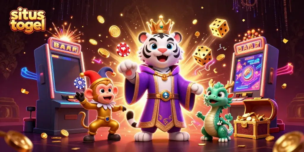 Permainan situs togel yang menggembirakan dengan karakter hewan dan simbol keberuntungan dalam ilustrasi 3D