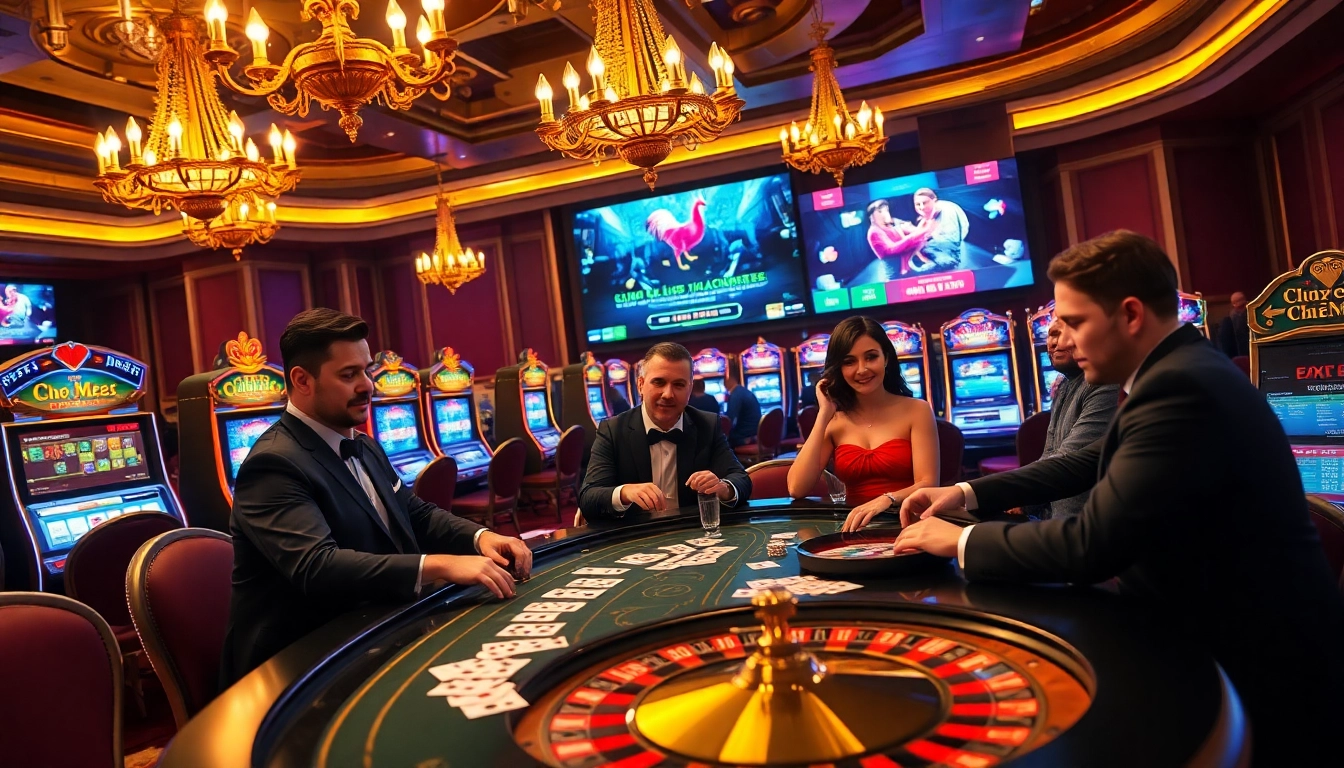 BJ88 đá gà live streaming broadcast at a luxurious casino scene with poker tables and slot machines.