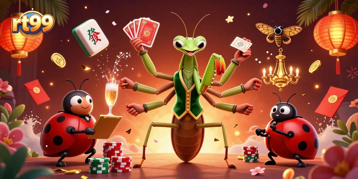 Experience thrilling gameplay at rt99 with a lively card sharp, pit boss, and festive gambling elements.