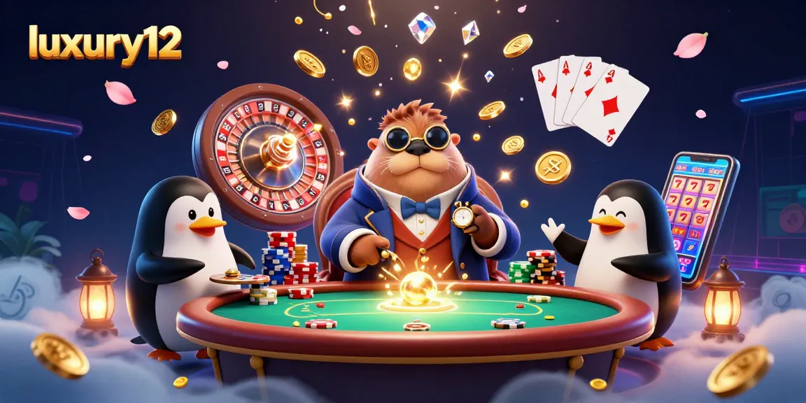Engage with luxury12 in a vibrant underwater casino scene featuring a walrus, penguin dealer, and pufferfish player.