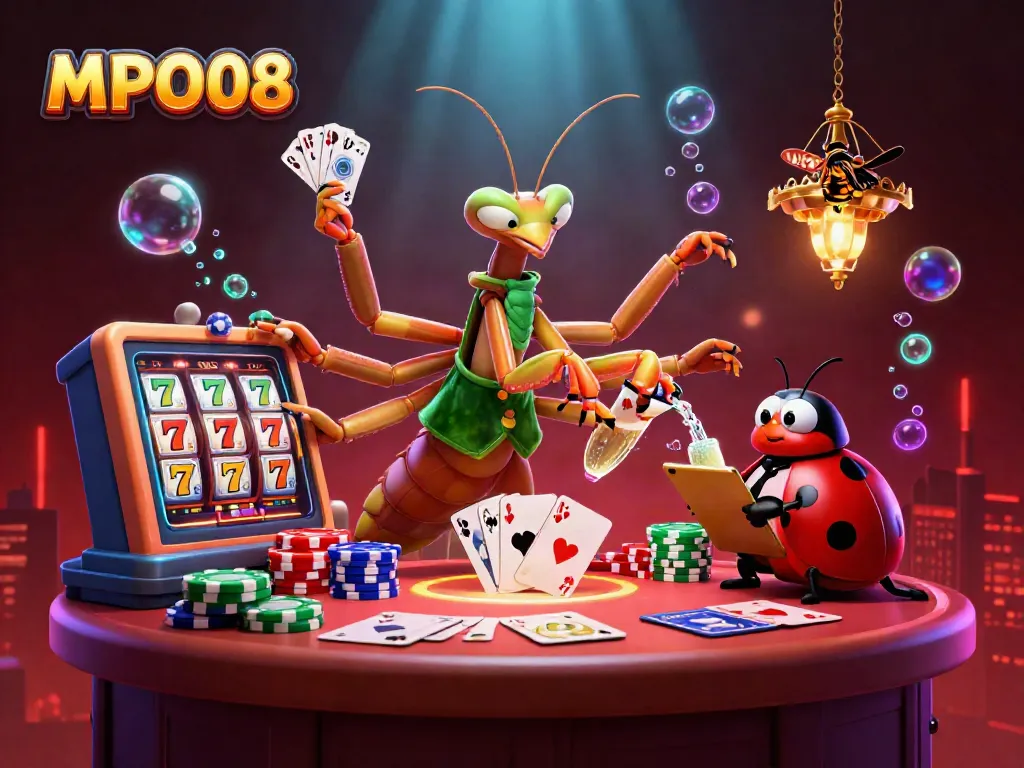Experience exciting casino action with MPO08 featuring a praying mantis dealing cards and vibrant game elements.