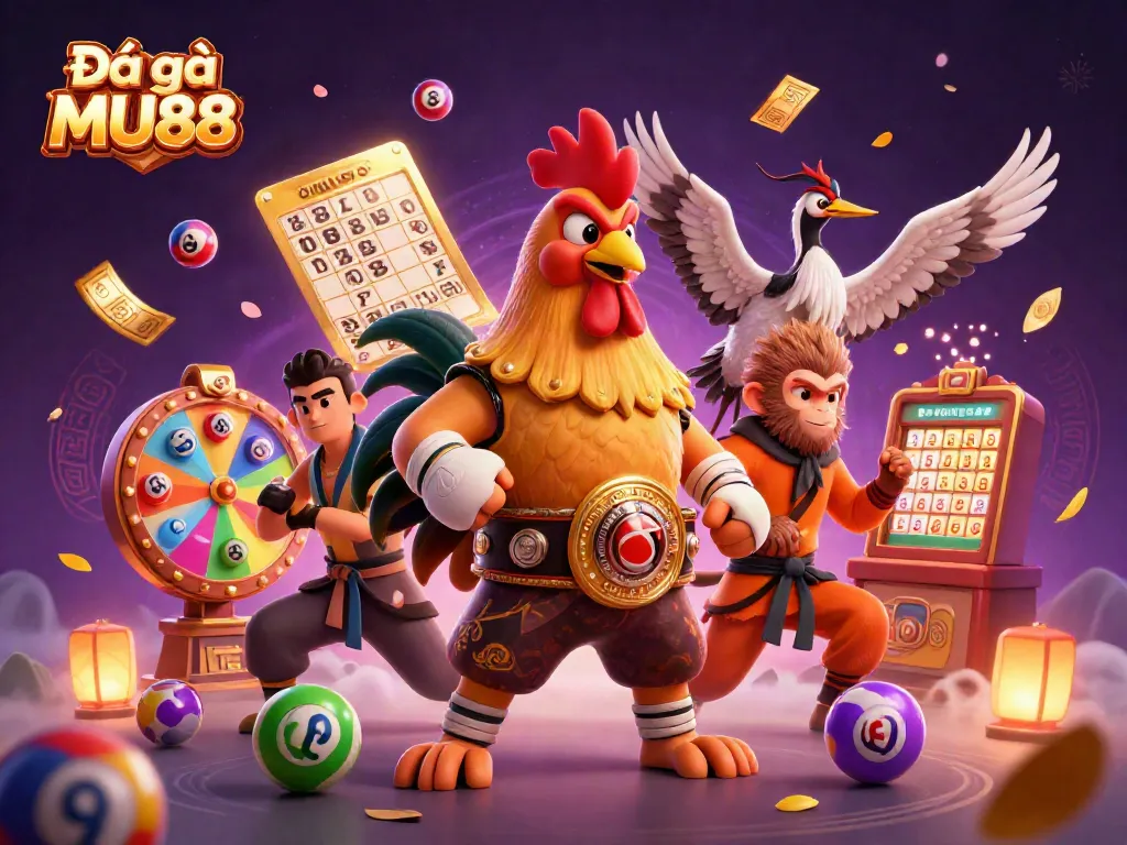 Experience thrilling moments with Đá gà MU88 and vibrant gambling elements in a dynamic 3D scene.