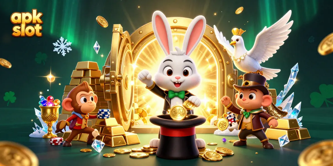 Menggali jackpot di apk slot dengan ilustrasi kartun si kelinci penyihir dan penyu berkilau, dikelilingi harta