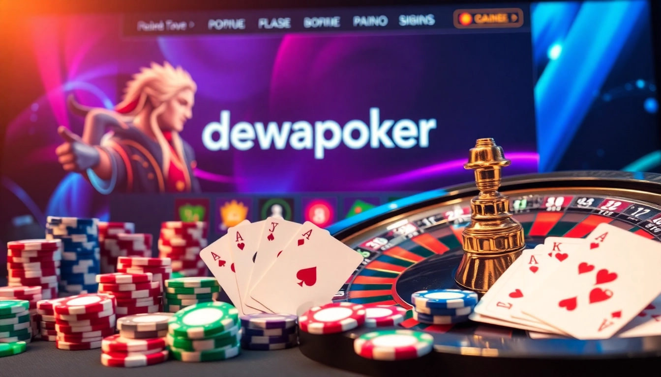 Action-packed gaming scene showcasing DewaPoker's vibrant poker chips and cards.
