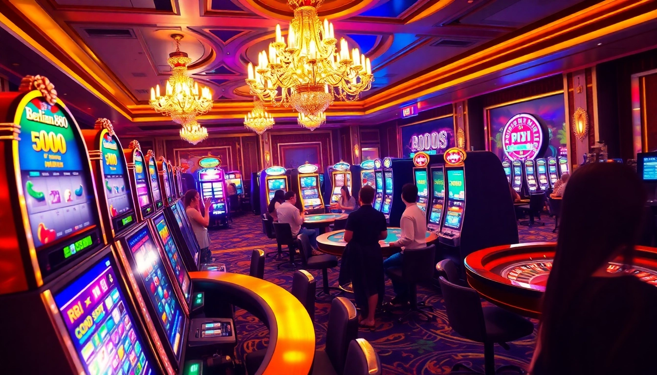 Berlian888 slot players enjoying vibrant casino gaming atmosphere with colorful slot machines.