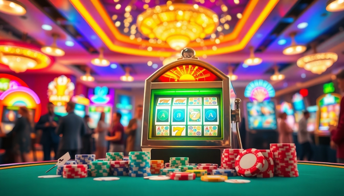 Slot menarik dengan pemain aktif di kasino yang penuh warna dan semarak.