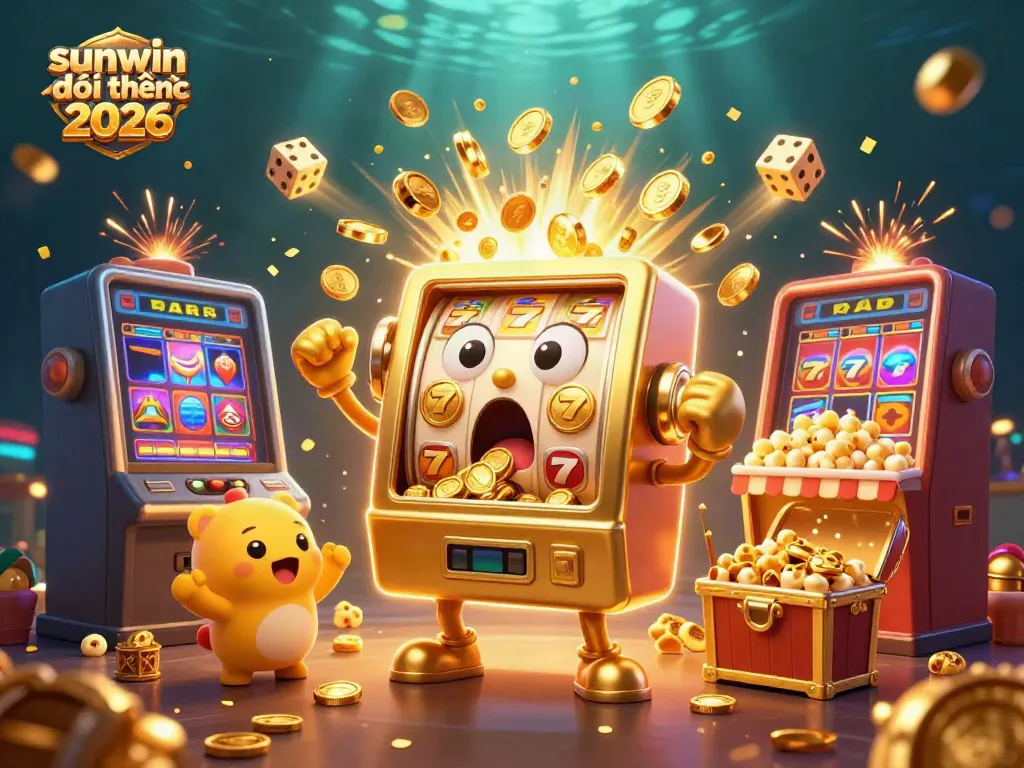 Experience the excitement of sunwin đổi thưởng 2026 with cheerful slot machines and golden coins erupting in celebration.