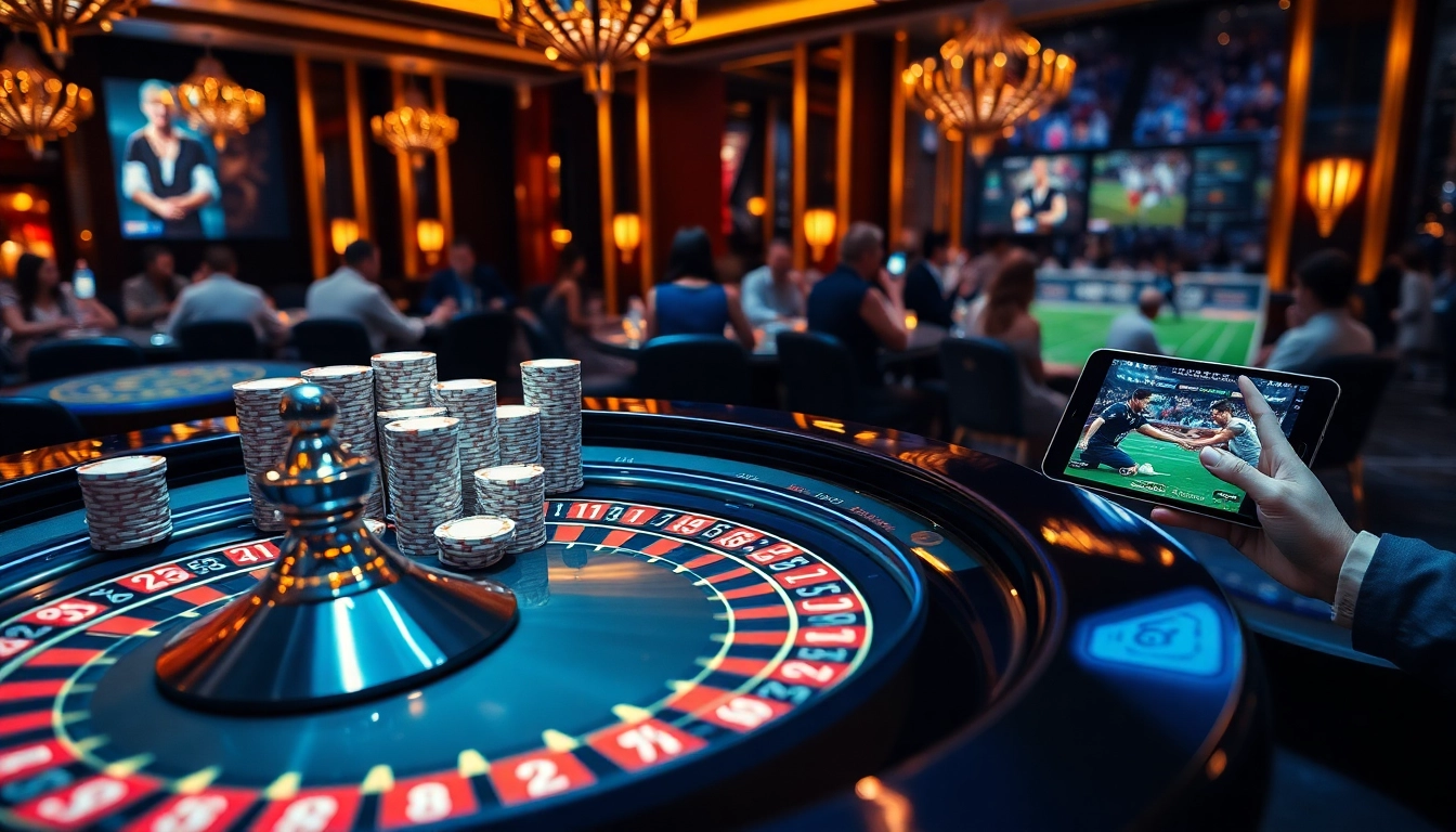 Tỷ số trực tuyến bóng đá highlighted on casino screens with players betting in a luxurious setting.