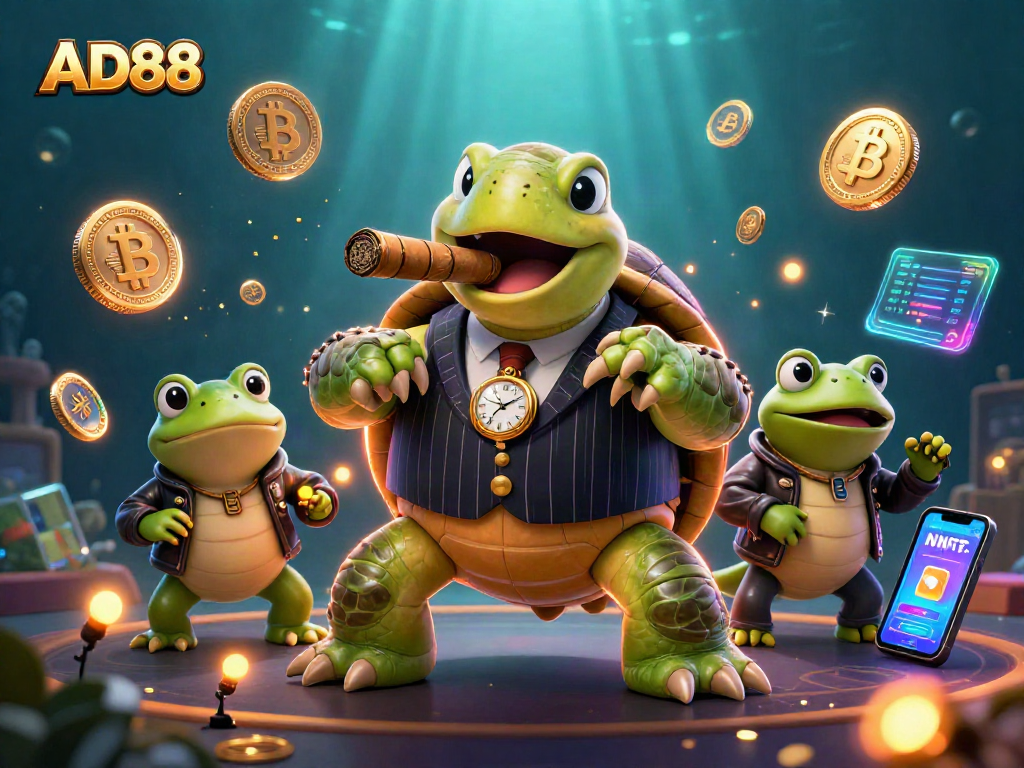 Engage with AD88's vibrant casino atmosphere featuring a snapping turtle in a mobster suit.