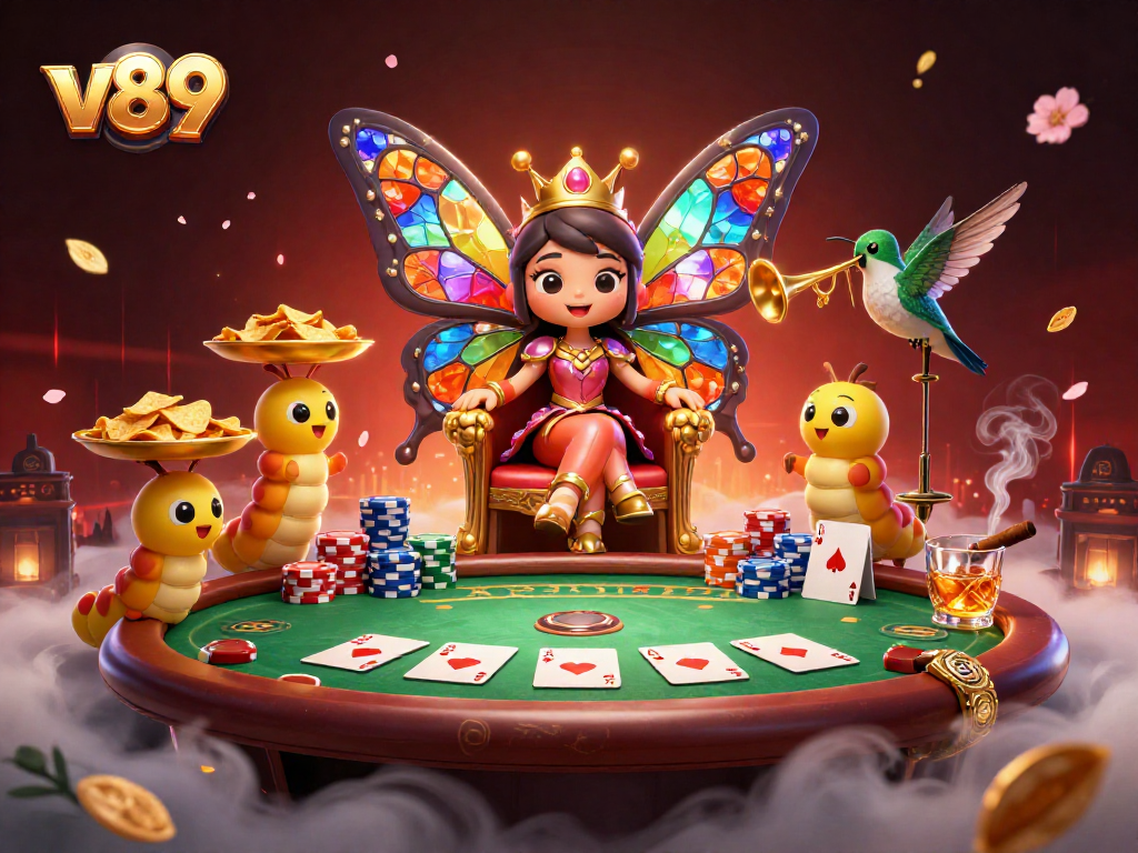 Gambarlah v89 saat taruhan poker dengan kupu-kupu ratu dan pelayan chip emas