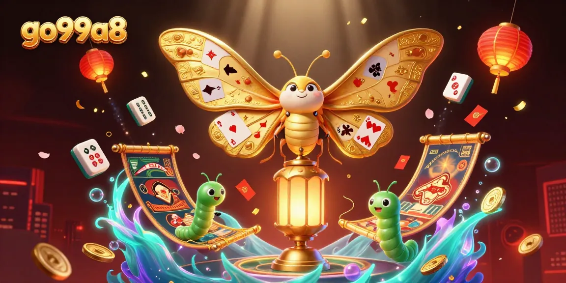 Engage with the vibrant go99a8 casino world featuring winning cards, golden moths, and lively scenes.