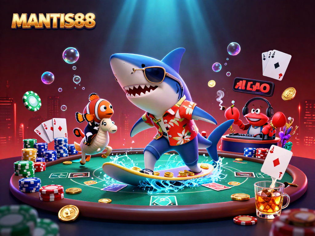 Engage with MANTIS88's vivid 3D illustration showcasing exciting casino elements and characters.