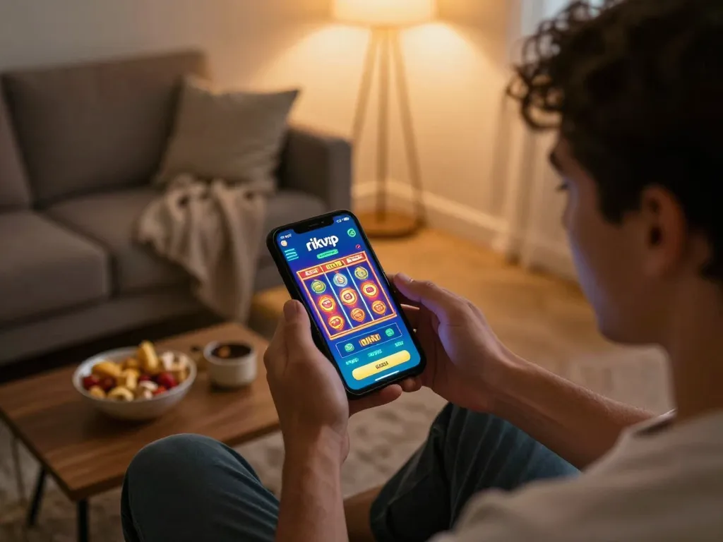 Player enjoying the rikvip app for online gambling in a cozy home environment