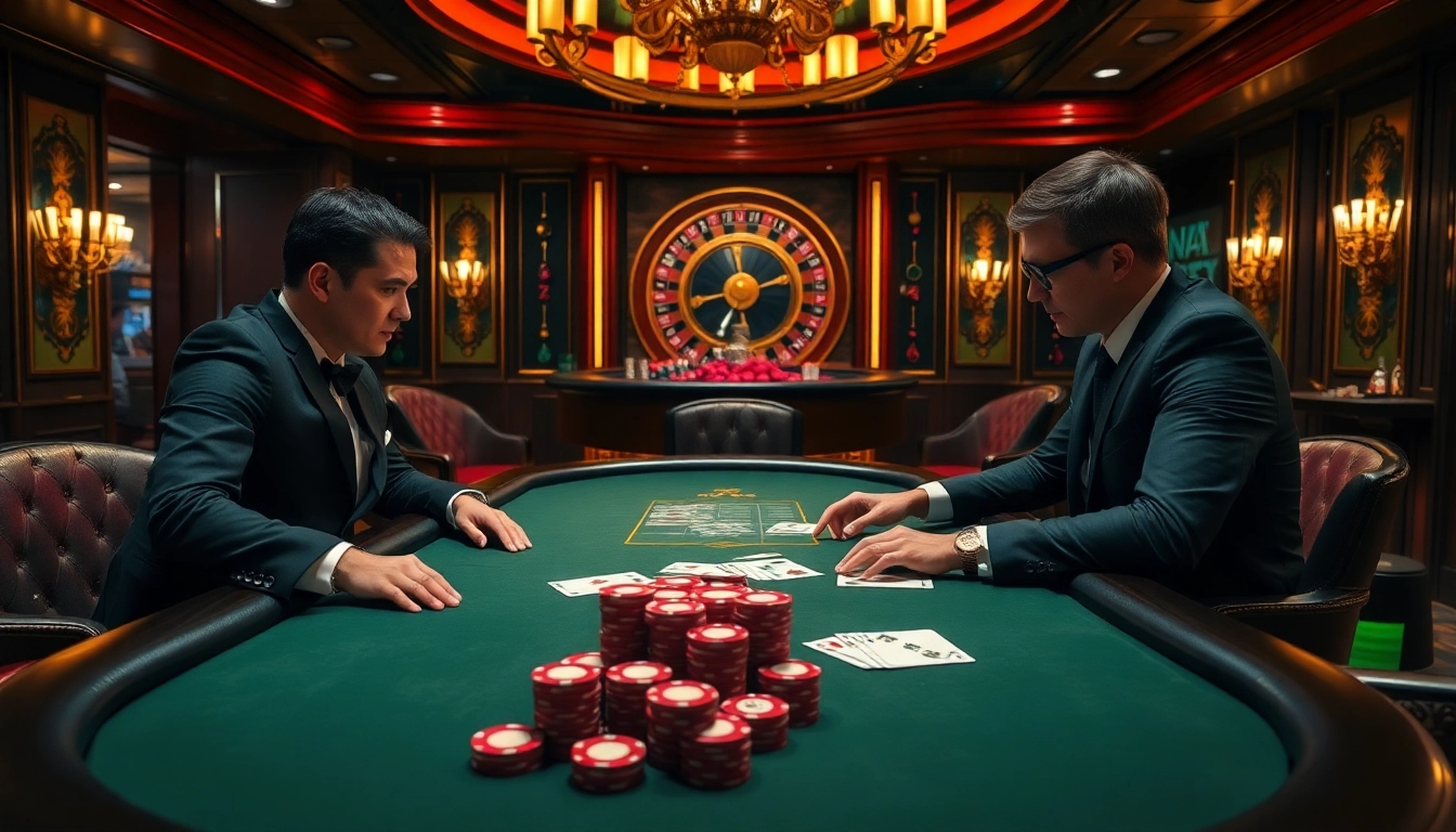 Experience the thrill of gambling at NA777 with an engaging poker game featuring professional players and vibrant casino elements.